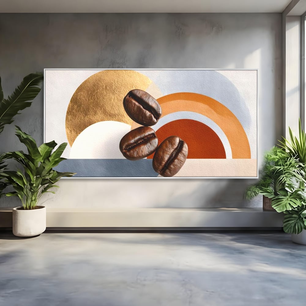 Tablou canvas cu tablou canvas cu boabe de cafea si forme geometrice, in rama de aluminiu argintiu